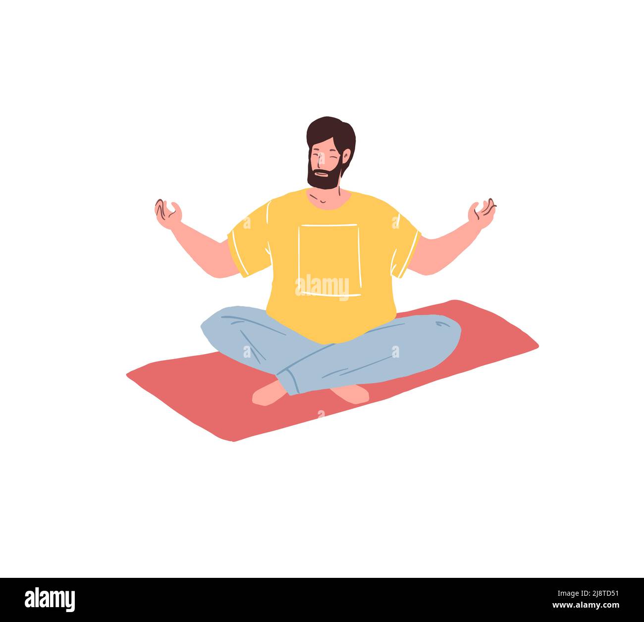 Personaggio uomo cartoon piatto seduto in posizione lotus, esercizi di rilassamento yoga pratica concetto di illustrazione vettoriale Illustrazione Vettoriale