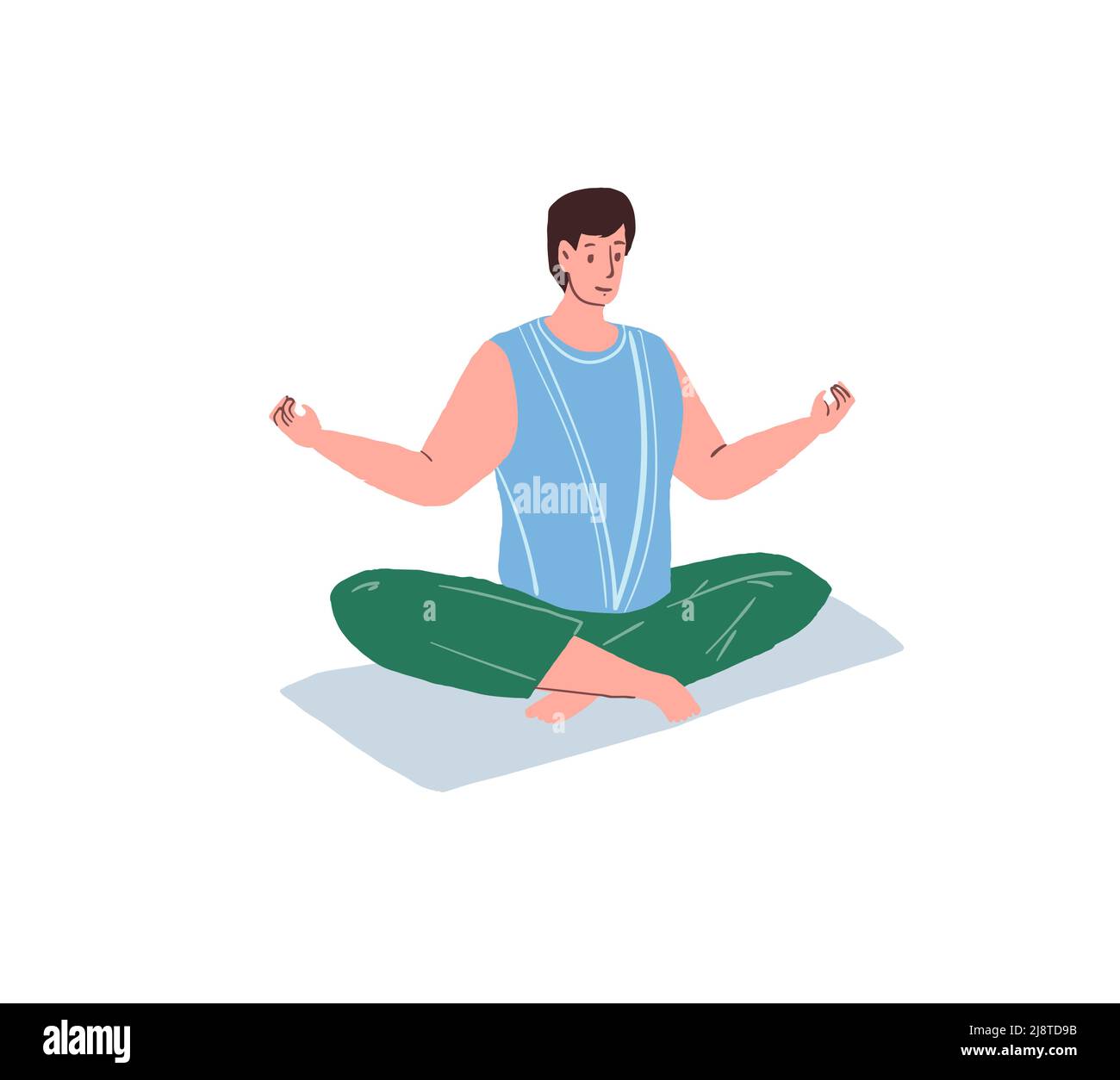 Personaggio uomo cartoon piatto seduto in posizione lotus, esercizi di rilassamento yoga pratica concetto di illustrazione vettoriale Illustrazione Vettoriale