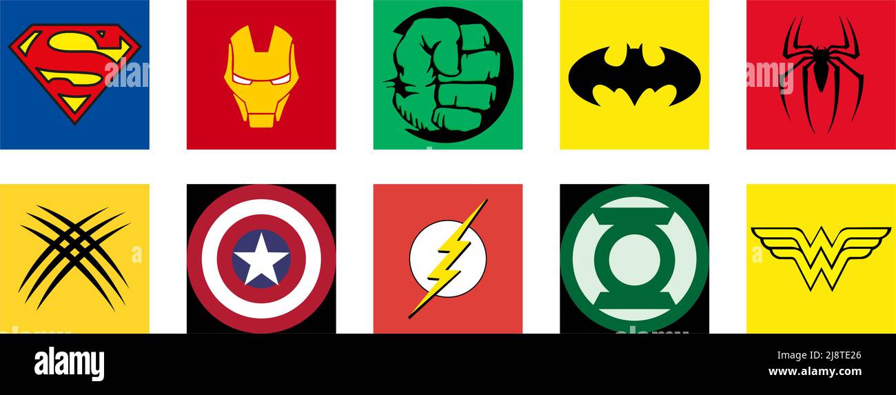 Vinnytsia, Ucraina - 17 maggio 2022: Top 10 famosi supereroi. Batman, Superman, Spider-Man, Iron Man, Wolverine, Captain America, The Hulk, The Flash, Illustrazione Vettoriale
