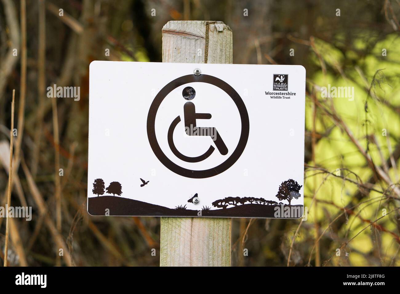 Cartello per disabili sul posto all'aperto presso una riserva naturale Worcestershire Wildlife Trust, Regno Unito. Foto Stock