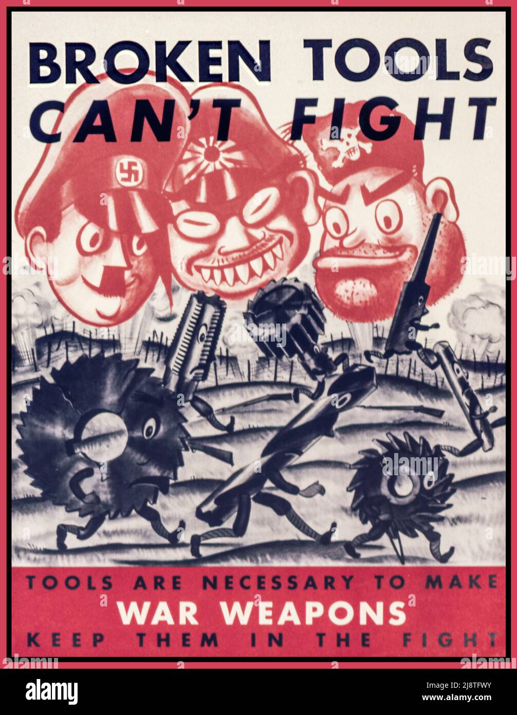 USA WW2 Propaganda Poster con gli assi leader come caricature cartoon , Adolf Hitler, Hideki Tojo e Benito Mussolini 'Broken tools non può combattere. Sono necessari strumenti per fare armi da guerra. Teneteli in lotta". Seconda Guerra Mondiale seconda Guerra Mondiale Data tra circa 1942 e circa 1943 Ufficio per la gestione delle emergenze. War Production Board. (01/1942 - 11/03/1945) Foto Stock
