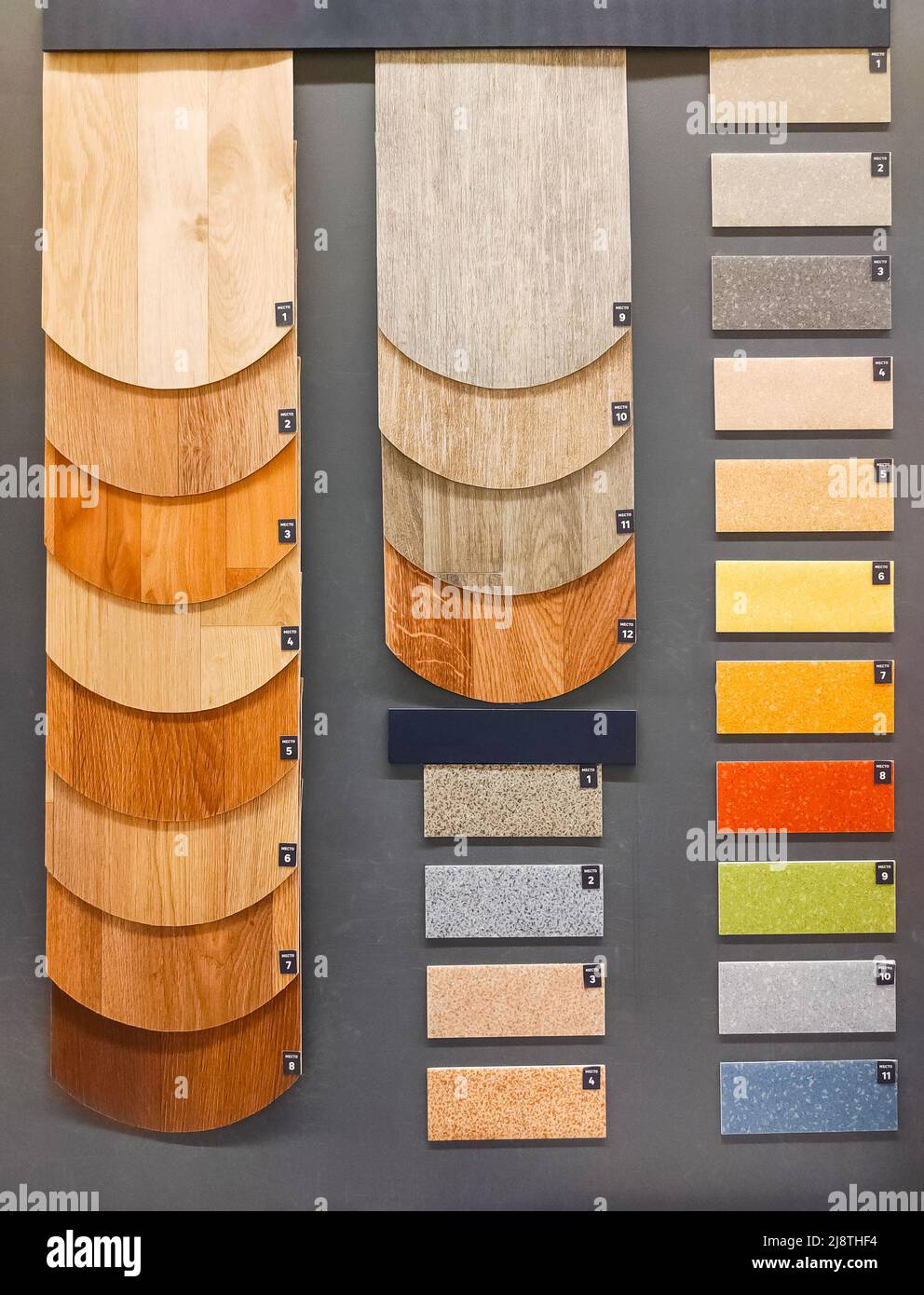 Campioni colorati di linoleum sul wallcatalog nei negozi di materiali da costruzione. Campioni di pavimenti. Foto Stock