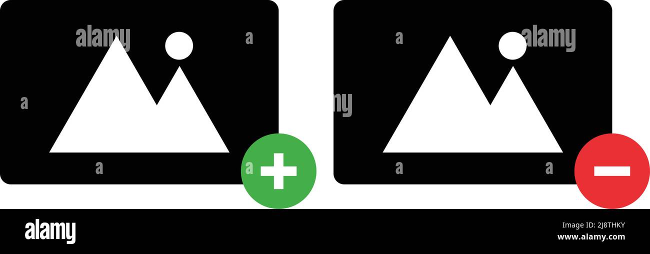 Una serie di icone per aggiungere foto ed eliminare foto. Vettore modificabile. Illustrazione Vettoriale