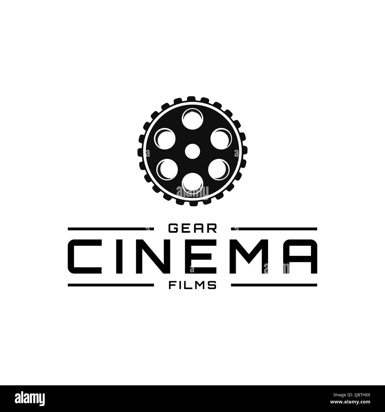 Design del logo ruota dentata di produzione cinematografica retrò. Ruota per macchine vintage con logo Vector. Illustrazione Vettoriale