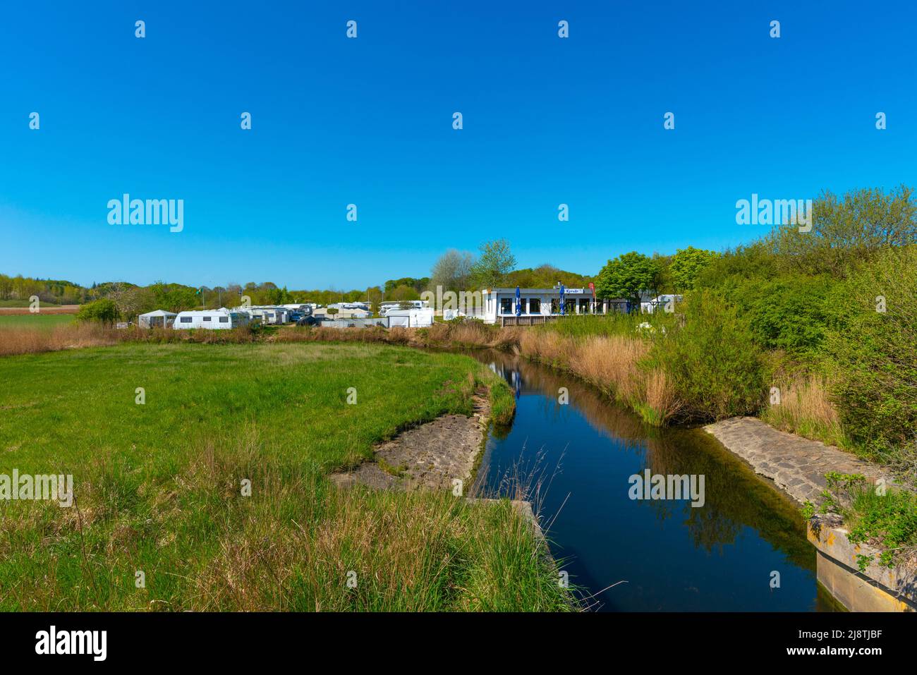Campeggio 'Koralle' in umido-Fischleger comunità, Mar Baltico, paesaggio Schwansen, Stato federale Schleswig-Holstein, Nprthern Germania, Europa Foto Stock