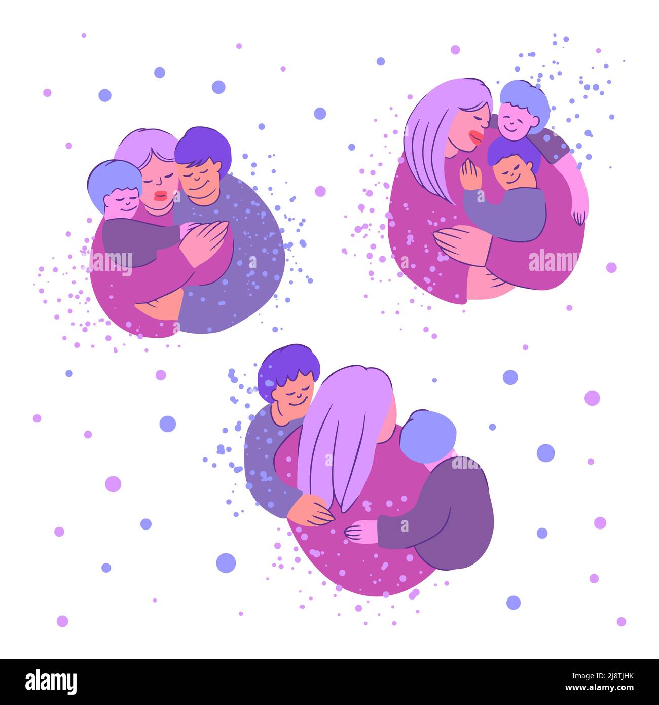 Giorno dei bambini. Una madre con i hugs dei bambini, un'illustrazione nello stile dei doodles, nei toni del rosa su uno sfondo bianco. Madre e figli Illustrazione Vettoriale
