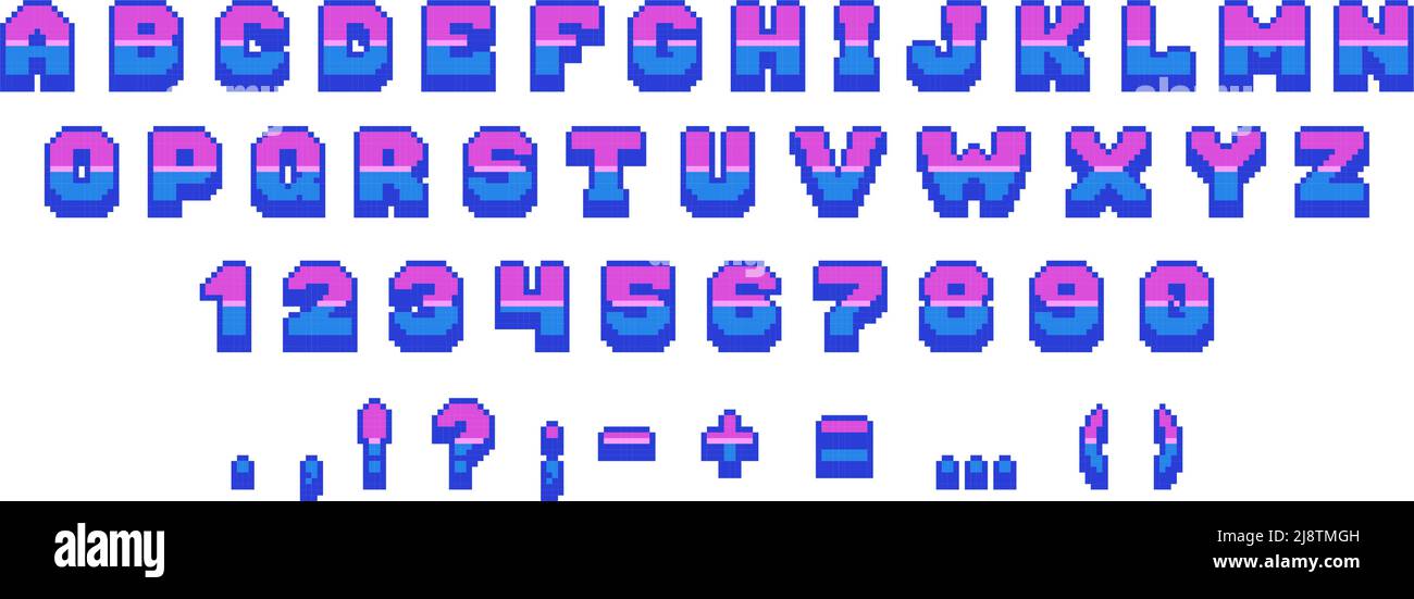 Font retro pixel. numeri di lettere di gioco arcade a 8 bit e segni di punteggiatura, video vintage e alfabeto comico di gioco per computer. Set isolato vettoriale Illustrazione Vettoriale