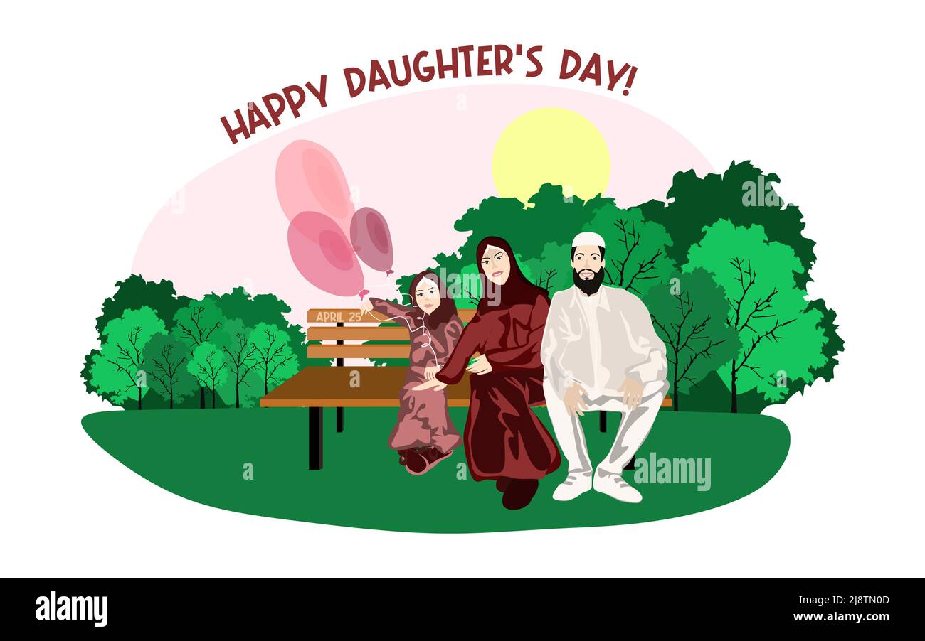 Happy famiglia musulmana siede su una panchina parco in tempo di sole con palloncini illustrazione vettoriale Illustrazione Vettoriale