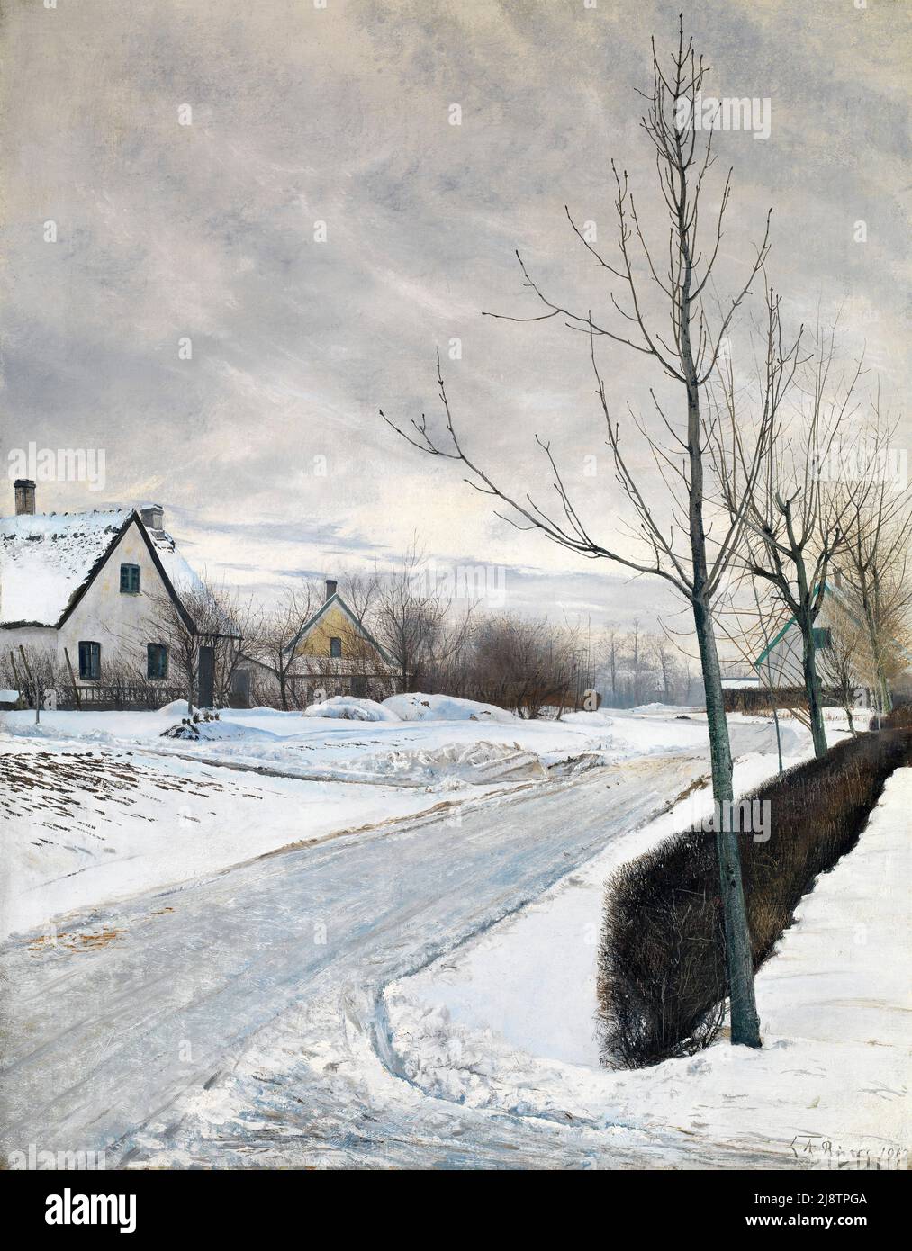 L. A. Ring, strada nel villaggio di Baldersbrønde (giorno d'inverno) dell'artista danese, Laurits Andersen Ring (1854-1933), olio su tela, 1912 Foto Stock
