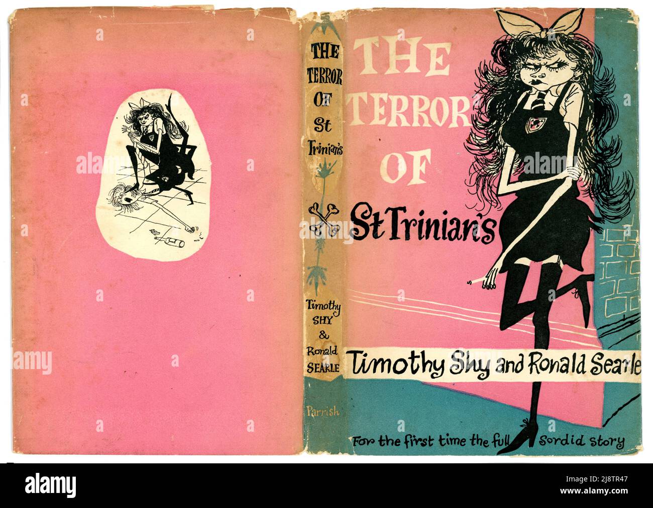 Retro di una copia del rivestimento per la polvere illustrato del libro 'il terrore di St Trinian's' - illustrazione di Ronald Searle, (che era anche il creatore della St. Trinian's School) scritto da Timothy Shy (nome penna per D. B. Wyndham Lewis),1952 Foto Stock