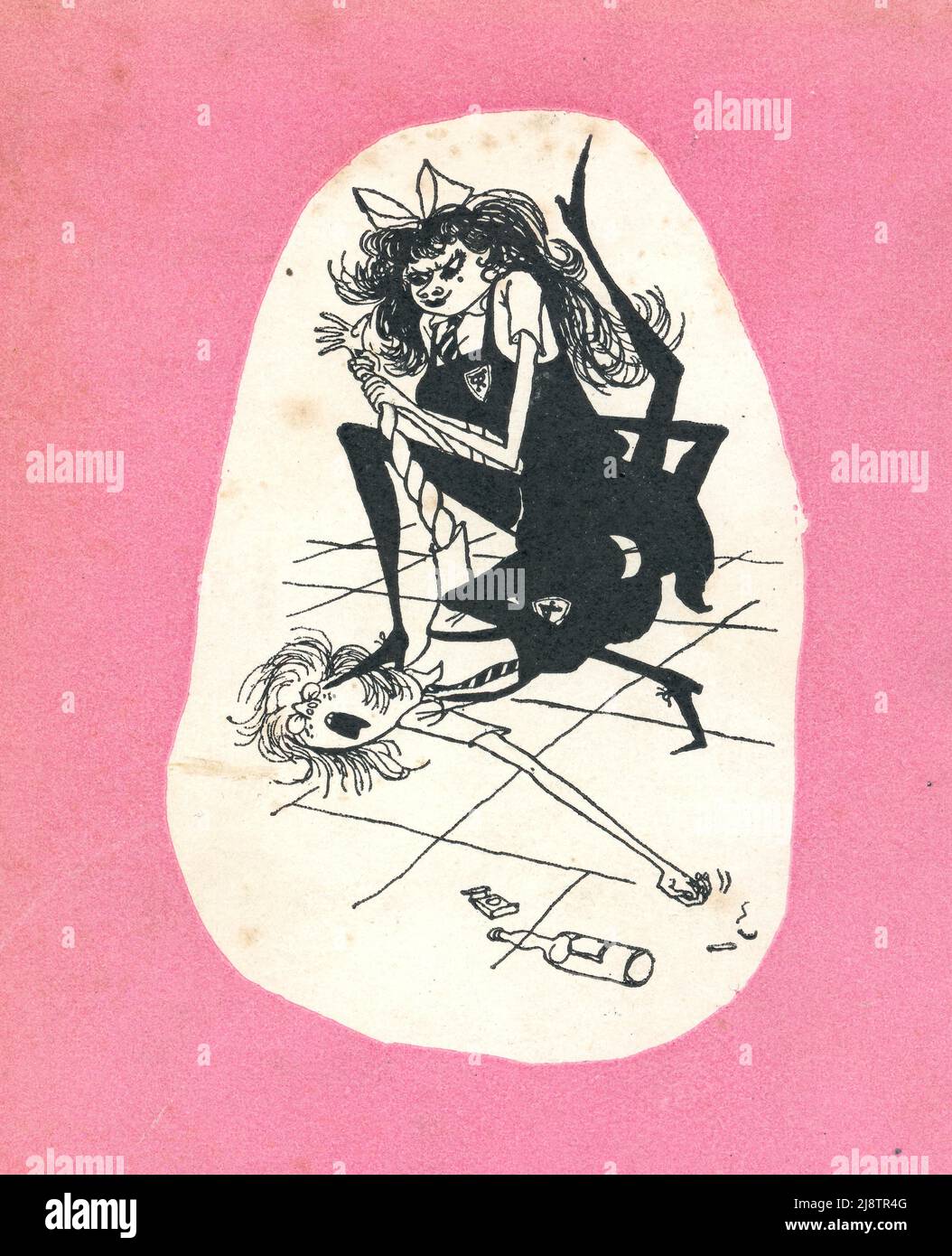 Retro di una copia del rivestimento per la polvere illustrato del libro 'il terrore di St Trinian's' - illustrazione di Ronald Searle, (che era anche il creatore della St. Trinian's School) scritto da Timothy Shy (nome penna per D. B. Wyndham Lewis),1952 Foto Stock