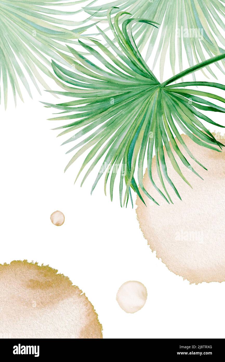 Arte acquerello botanica con elementi di astrazione nei toni beige e verde. Texture creative disegnate a mano con composizione di parete di ramo di palma Foto Stock