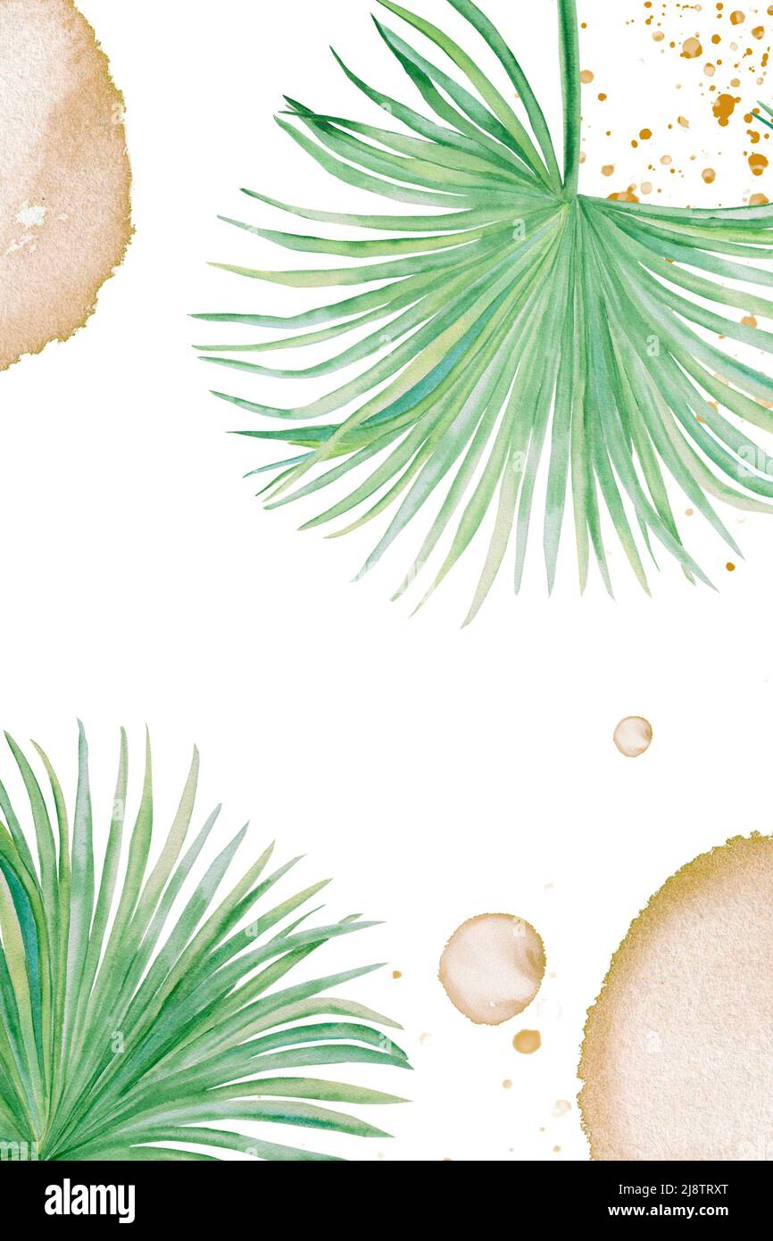 Arte acquerello botanica con elementi di astrazione nei toni beige e verde. Texture creative disegnate a mano con composizione di parete di ramo di palma Foto Stock