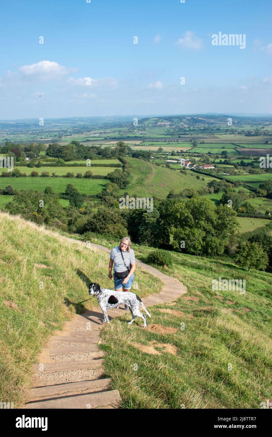 Una donna e il suo cane salire su Glastonbury Tor, con i livelli Somerset alle spalle Foto Stock