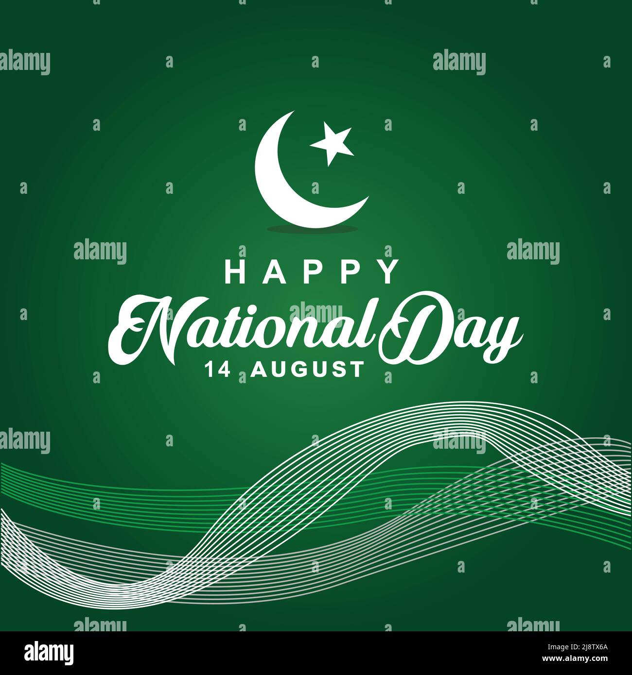 14th agosto, Happy National Day per il Pakistan con line art in basso, in forma orizzontale su sfondo verde gradiente Illustrazione Vettoriale