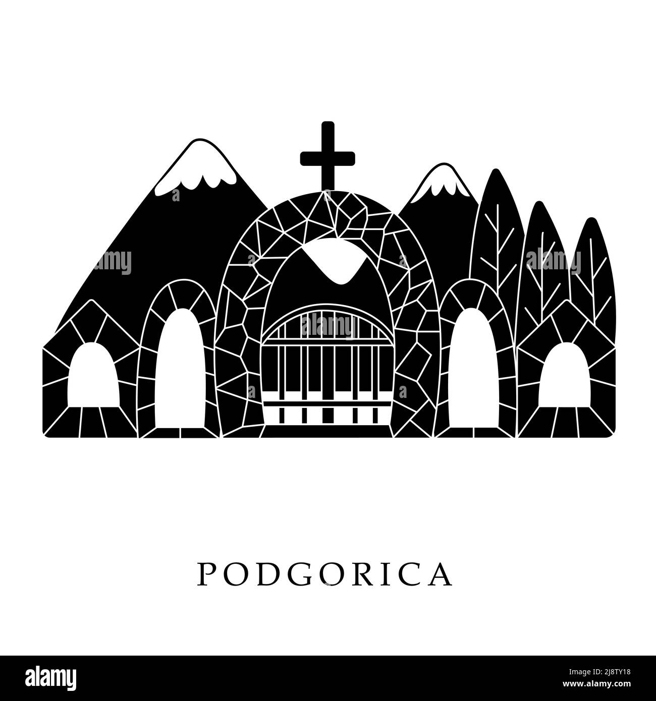 Capitali europee, Podgorica. Illustrazione in bianco e nero Illustrazione Vettoriale
