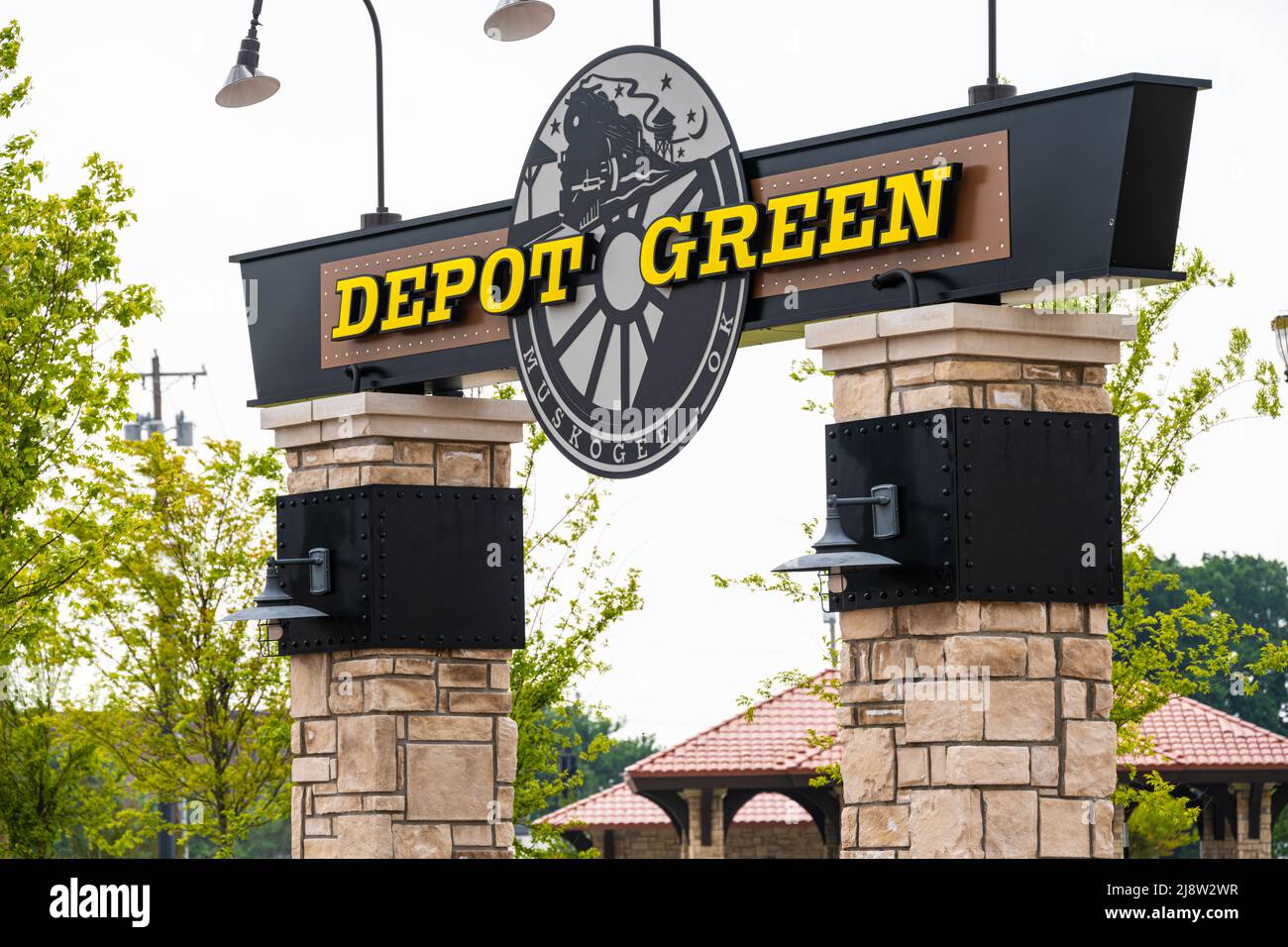 Depot Green, uno spazio verde cittadino a Muskogee, lo storico Depot District dell'Oklahoma. (USA) Foto Stock