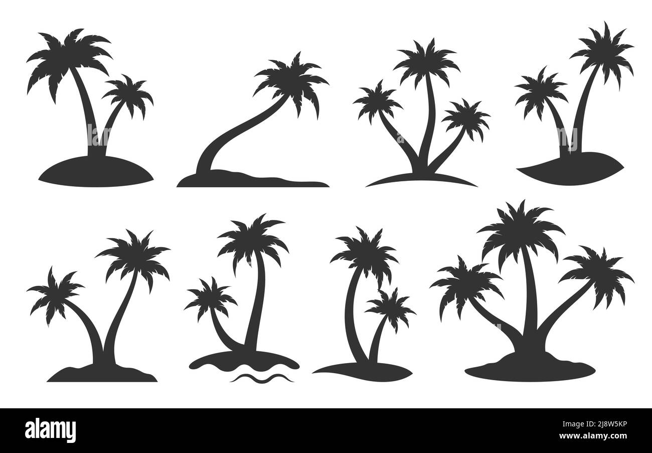 Set di silhouette nera con logo Palm Tree Island. Tropical timbro turismo ditta segnaletica natura esotica mare surf. Subtropicale grafico spiaggia estate modello di disegno volantino annunci vintage isolato su bianco Illustrazione Vettoriale