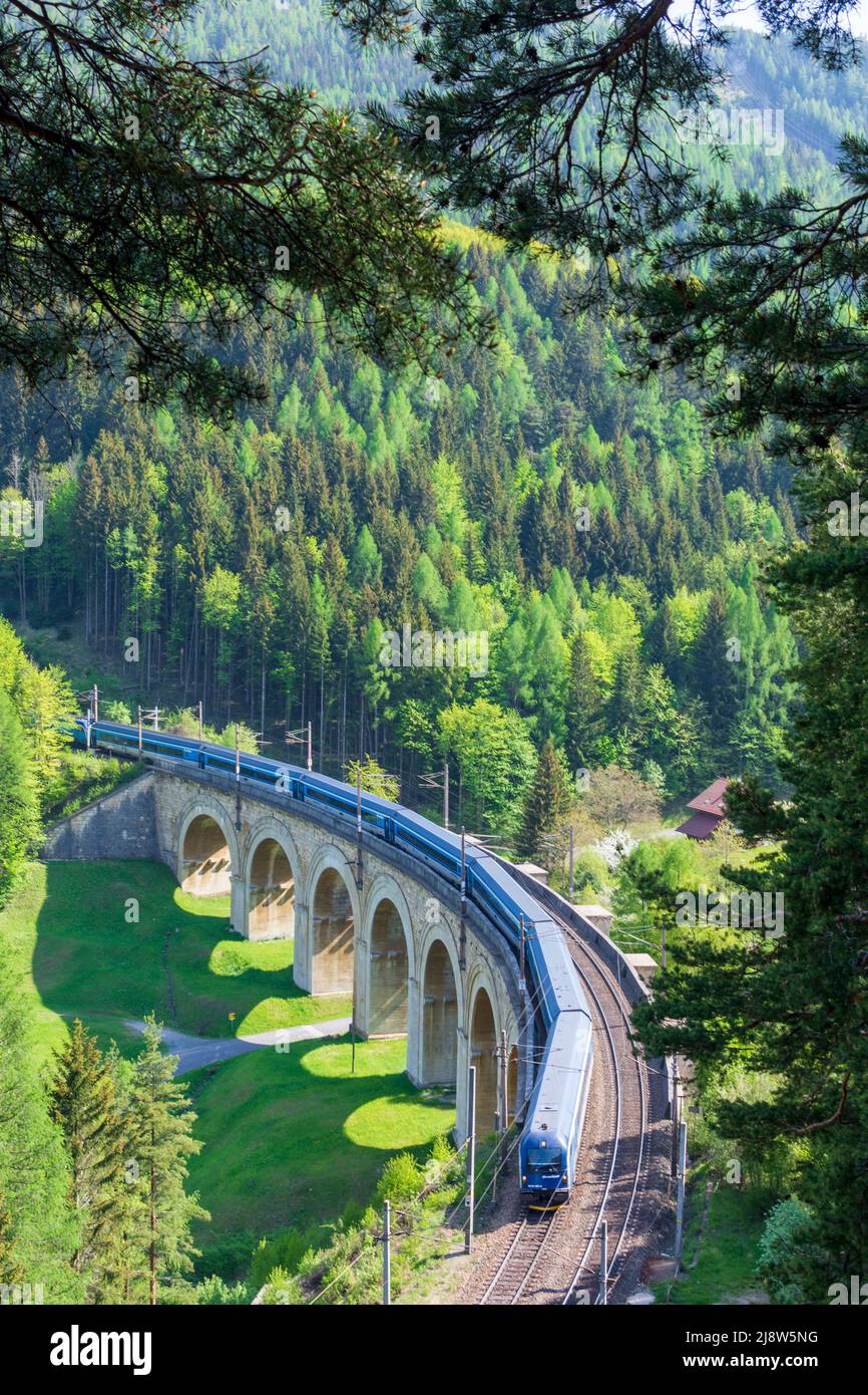 Breitenstein: Semmeringbahn (Ferrovia di Semmering), viadotto Adlitzgraben-Viadukt, treno ferroviario delle Ferrovie ceche a Wiener Alpen, Alpi, Niederösterreich Foto Stock