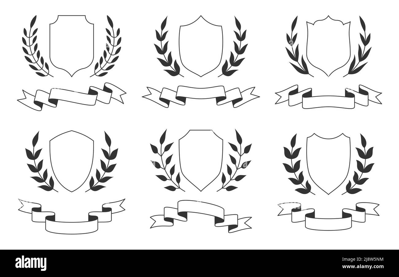 Scudo corona nastro emblema banner nero glyph set. Mascherina in bianco Royal Guard per proteggere le insegne di garanzia. Insegne iscrizione premio antiche foglie greche. Armi militari stemma medievale armatura isolato Illustrazione Vettoriale