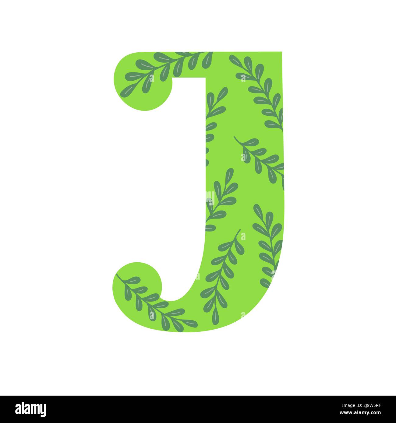 Maiuscolo verde brillante decorato con fiori primavera lettera disegnata a mano J dell'alfabeto inglese semplice illustrazione vettoriale stile cartoon, abc calligrafico, carino divertente scrittura a mano, scarabeo e lettere Illustrazione Vettoriale