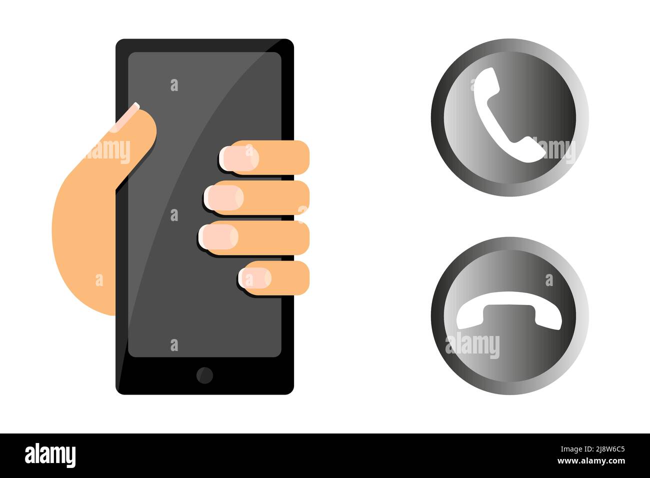 Mano che tiene premuto uno smartphone e due icone dei pulsanti del telefono per il Web. Illustrazione vettoriale Illustrazione Vettoriale