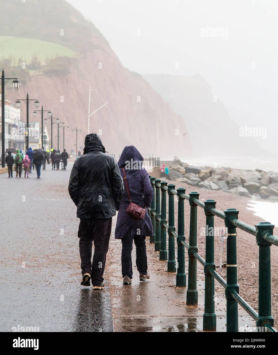 Sidmouth, Devon, Inghilterra. REGNO UNITO. Pioggia, mare tempestoso e forza di galline venti pastella camminatori sul lungomare di Sidmouth come l'astorm si avvicina Foto Stock