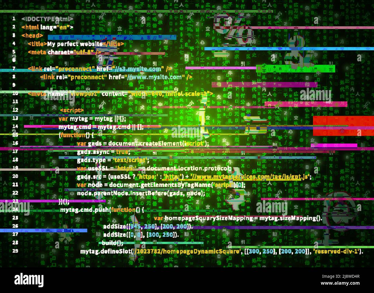 Codice programma di errore su simboli a matrice verde, concetto di frode digitale Illustrazione Vettoriale