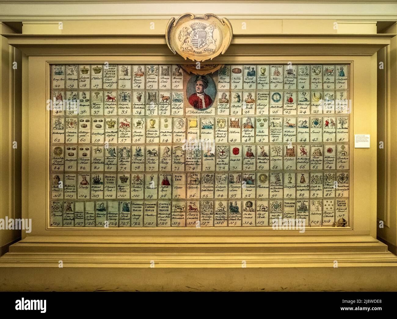 Illustrazione delle casette di Freemasons in Inghilterra nel 1736. Una mostra nel Museo della Fremasonatura. Sala dei massoni. Londra. Foto Stock