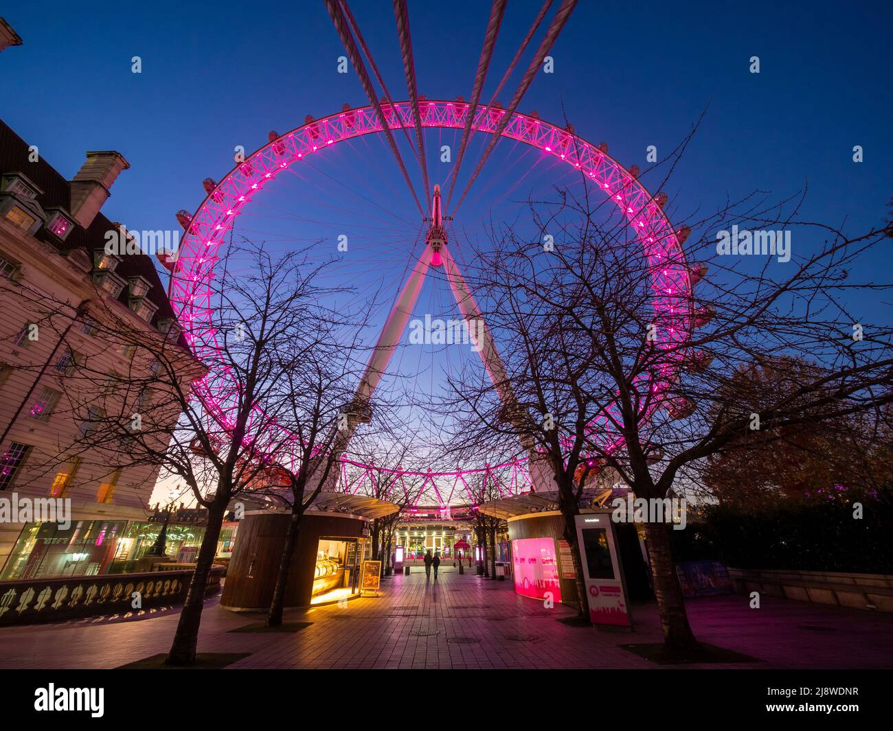 Il London Eye, illuminato di rosa, visto dalla passeggiata della Regina di notte, con due persone in lontananza. Londra. Foto Stock