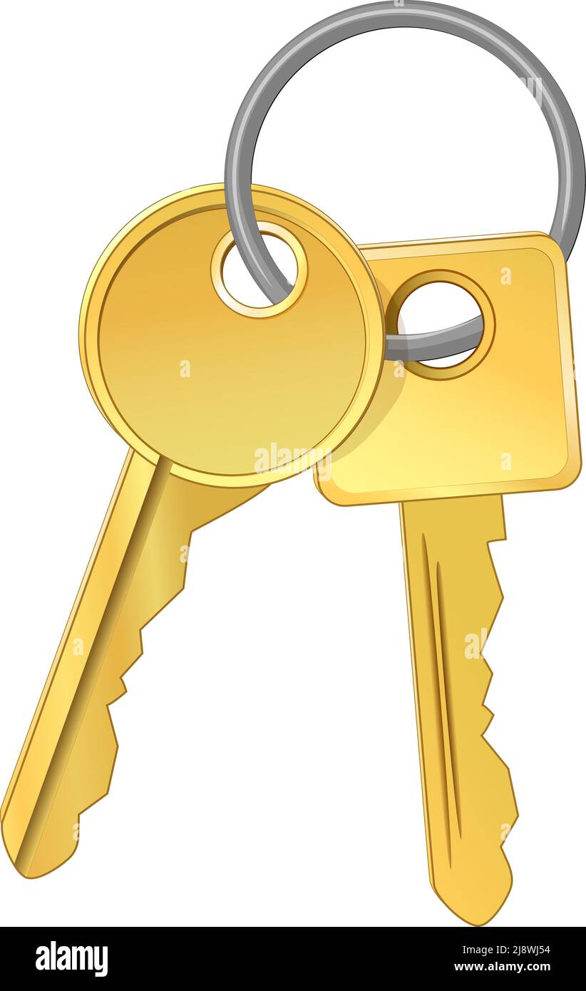 Mazzo di due chiavi dorate con anello isolato su sfondo bianco. Segno di chiave. Icona vettore Illustrazione Vettoriale