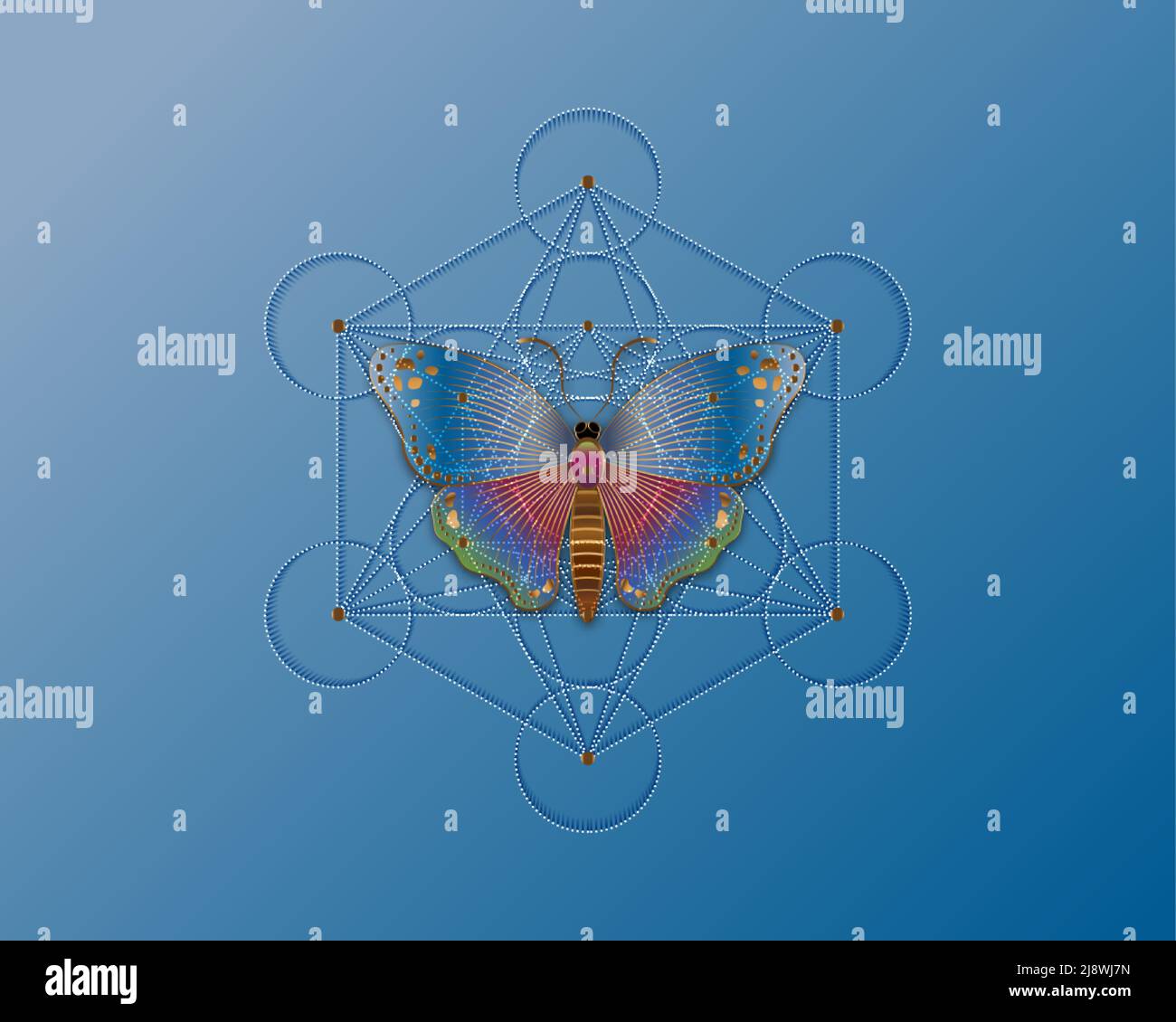 Butterfly sopra Metatrons Cube, Fiore della vita. Geometria sacra. Icona mistica platonica solidi Merkabah, disegno astratto geometrico colorato gradiente Illustrazione Vettoriale