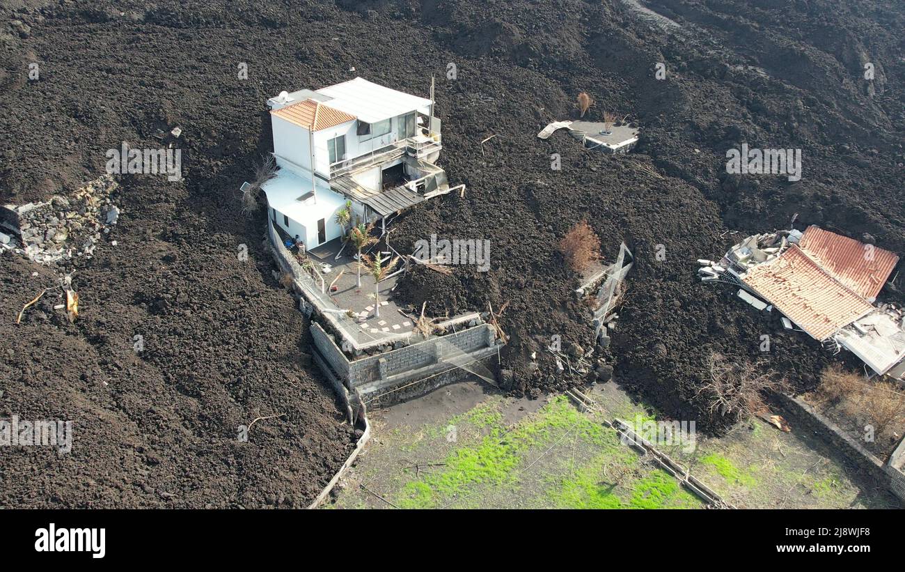 Eruzione del Vulcano la Palma, 2021. Risultati di inondazioni di lava. Vista drone. Foto Stock