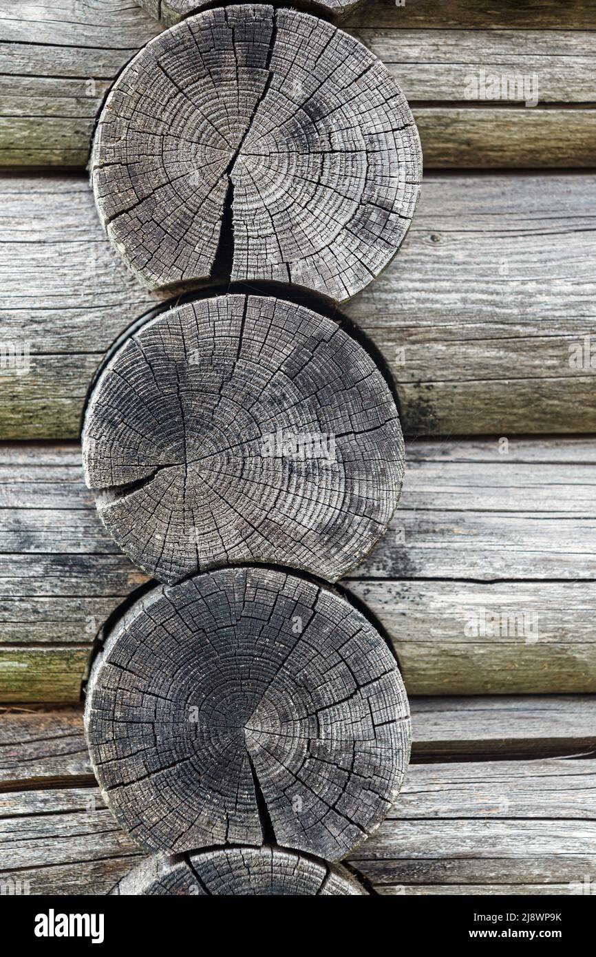 Legno abbattimento primo piano. Frammento di vecchia fattoria in legno tradizionale Foto Stock