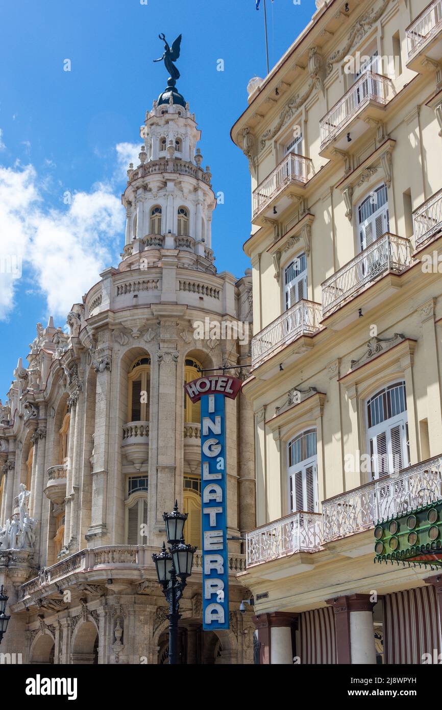 Hotel Inglaterra e Gran Teatro de la Habana, Paseo del Prado, Old Havana, Havana, la Habana, Repubblica di Cuba Foto Stock