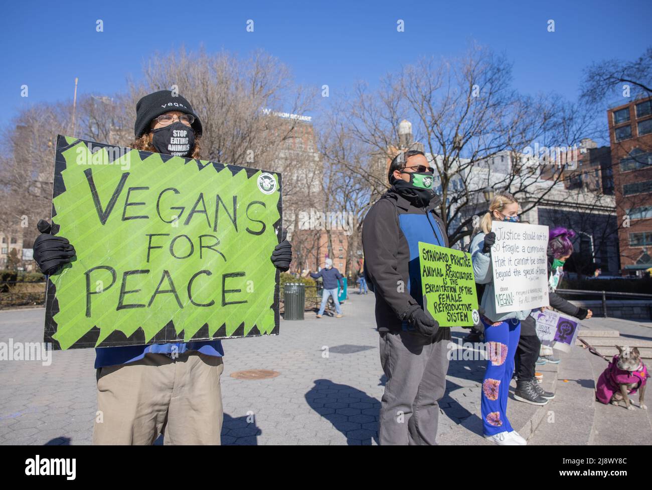 NEW YORK, N.Y. – 7 marzo 2021: I sostenitori dei diritti degli animali si dimostrano nell'Union Square Park di New York. Foto Stock