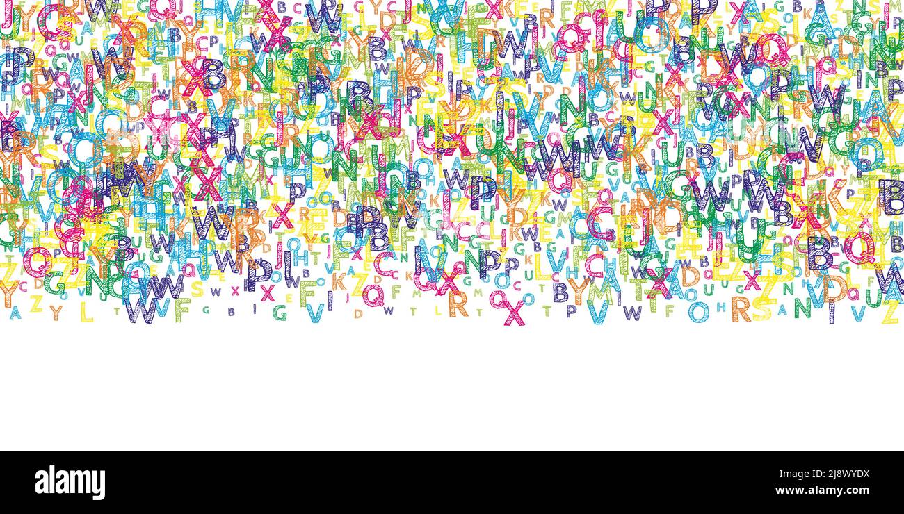 Lettere di lingua inglese. Luminose parole volanti disegnate a mano dell'alfabeto latino. Concetto di studio delle lingue straniere. Eccellente banner di ritorno a scuola Illustrazione Vettoriale
