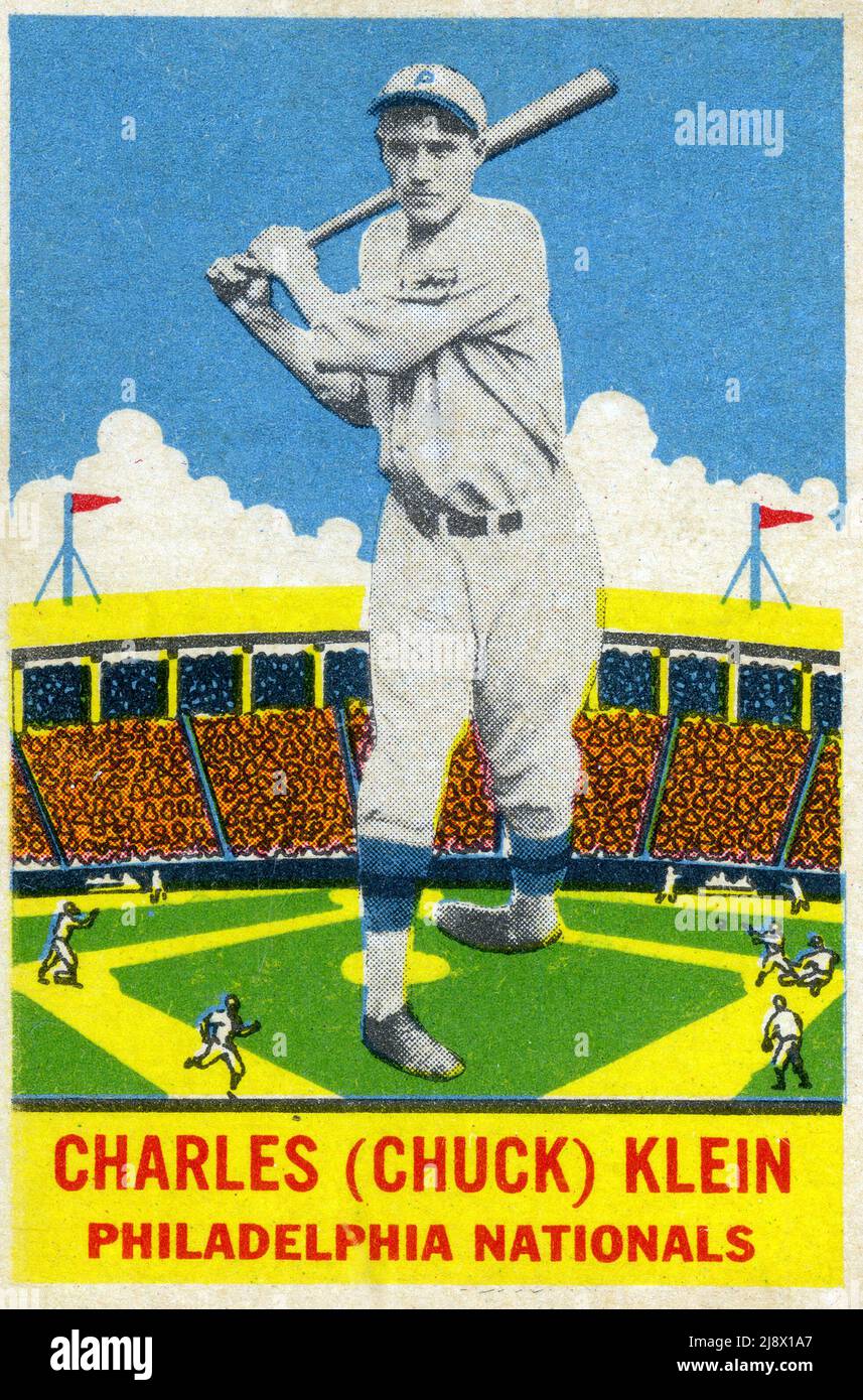 Una carta da baseball DeLong del 1933 raffigurante la stella Chuck Klein con i Philadelphia Nationals. Foto Stock