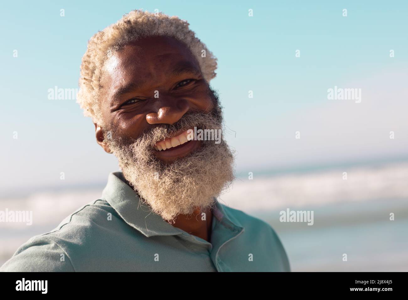 Primo piano ritratto di allegro bearded african american Senior contro il mare e cielo blu in estate Foto Stock