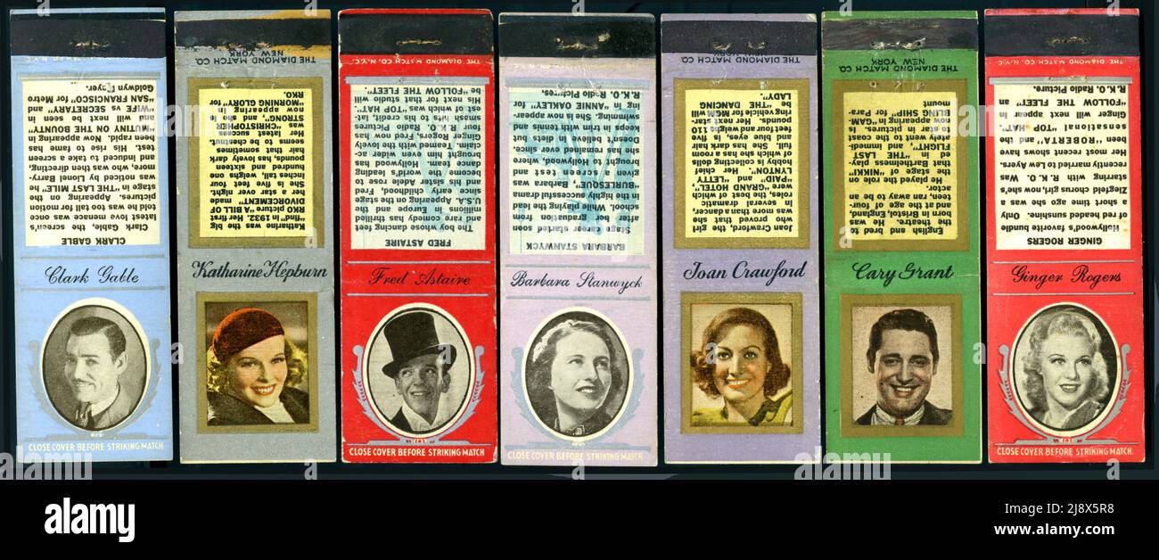 Gli anni '30 Diamond Matchbooks Movie and radio Stars Collection presentarono ritratti di star del Classic Movie. Foto Stock