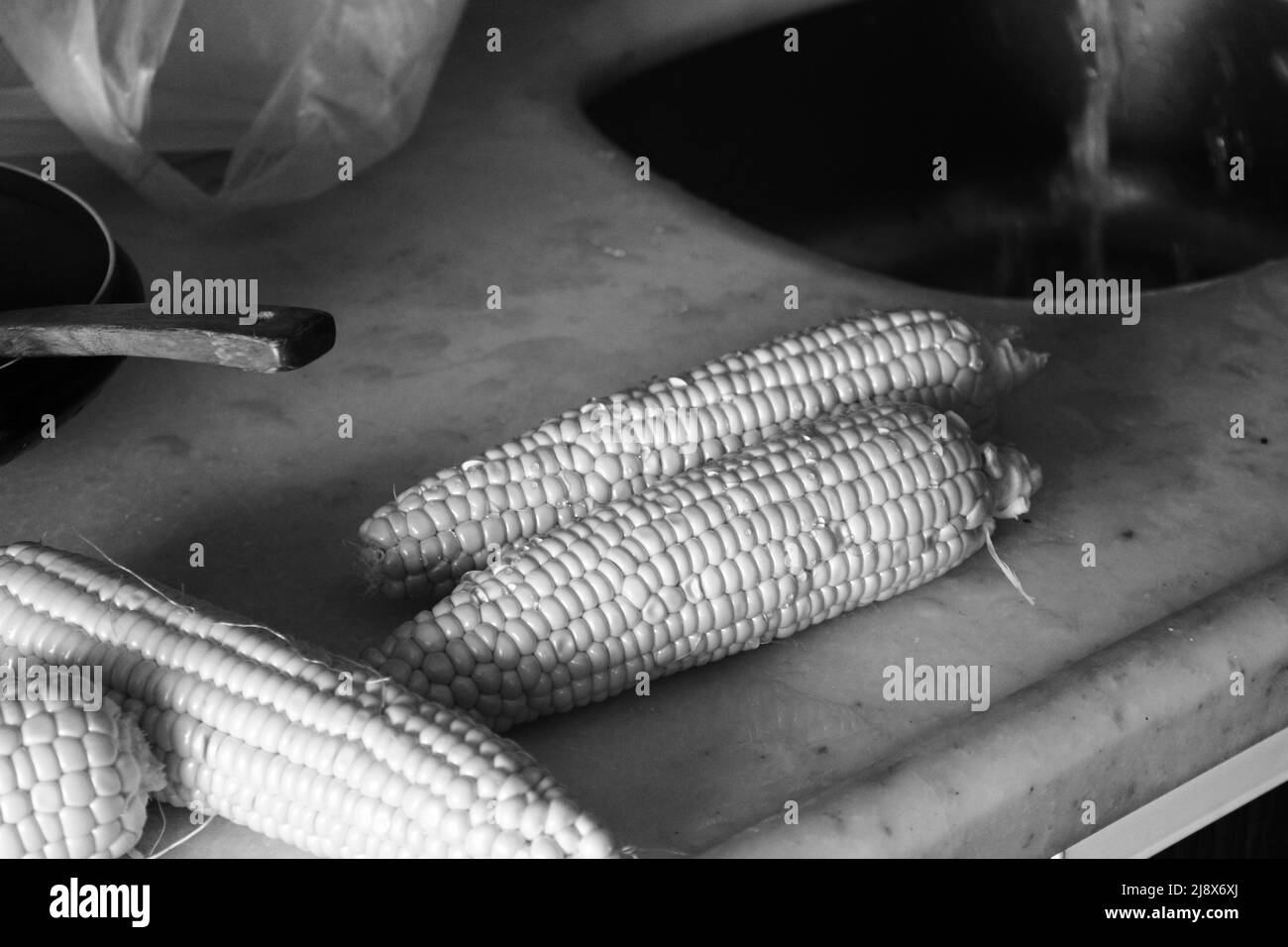 Le pannocchie di mais sul banco della cucina Foto Stock