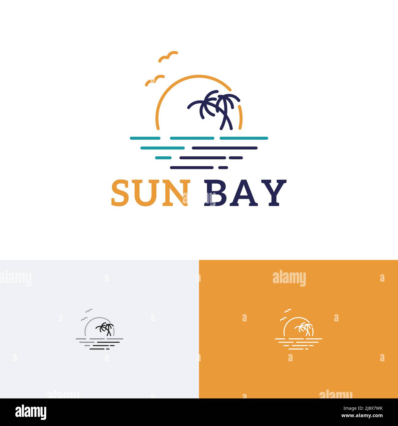 Logo Sun Palm Bay Beach Coast Sea Nature Tour Travel Line Illustrazione Vettoriale