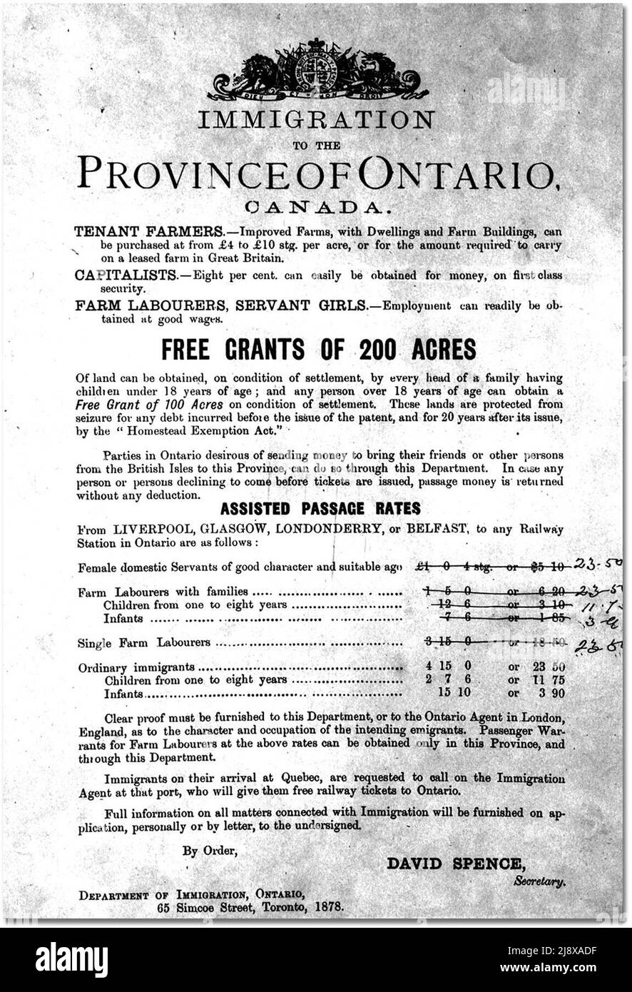 Poster pubblicità immigrazione in Ontario ca. 1878 Foto Stock