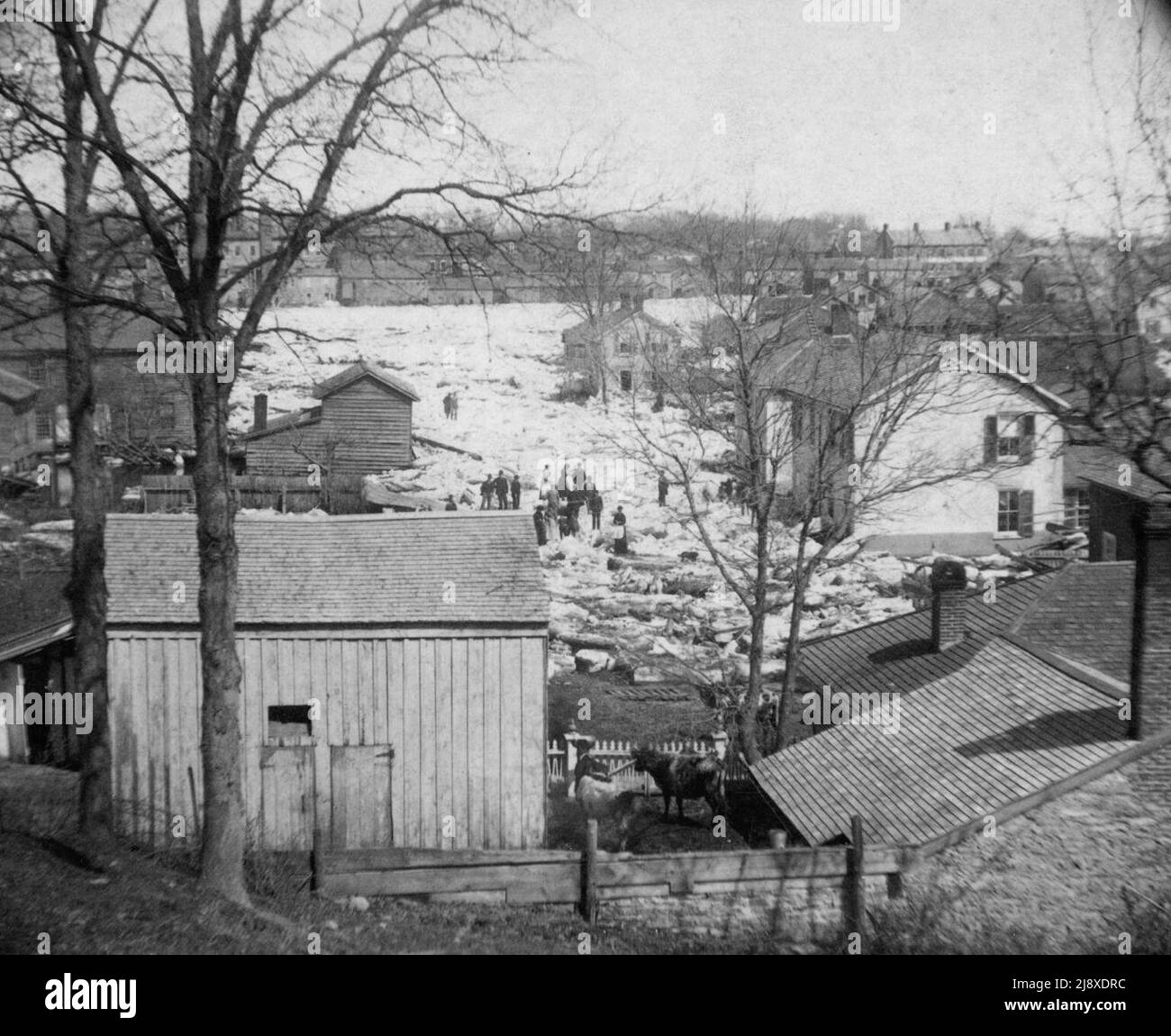 Il ghiaccio galleggierà durante l'alluvione del 1886 sulla strada vicino a Flint & Holton's Mill appena sotto la N.B. Falkiners, ad est di Highland Avenue, Belleville, Ontario ca. 1886 Foto Stock