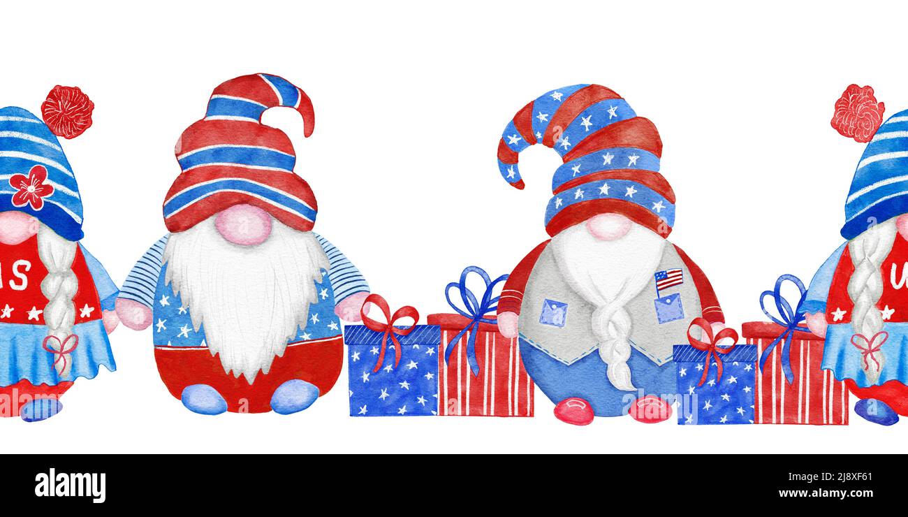Acquerello senza cuciture bordo orizzontale disegnato a mano con 4th gnomes di luglio, il quarto di luglio patriottico americano design con gnomes nordici in blu rosso bianco cappelli palloncini doni. Stampa festiva USA Foto Stock
