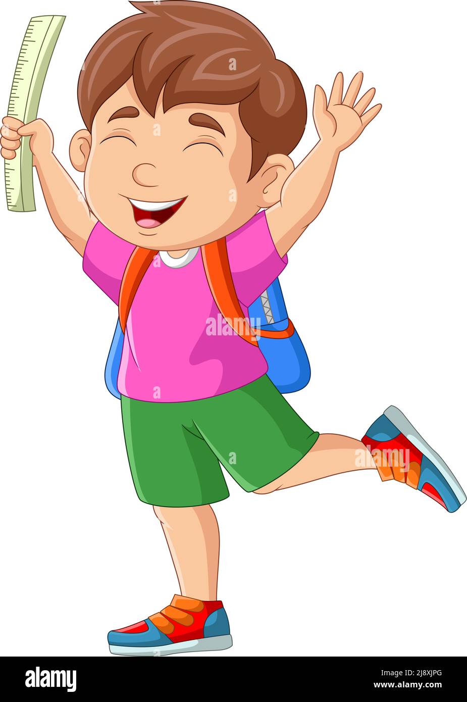 Cartone animato ragazzo felice con zaino e righello Illustrazione Vettoriale