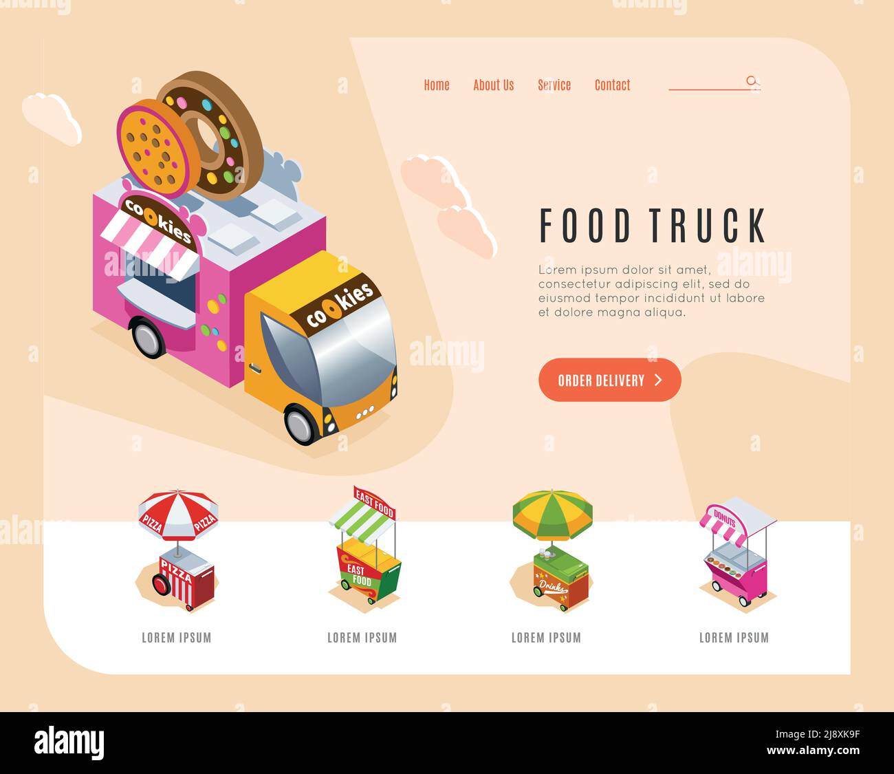 Pagina di destinazione per la pubblicità di camion alimentari con immagini isometriche di strada furgone e carrelli distributore panetteria illustrazione vettoriale Illustrazione Vettoriale