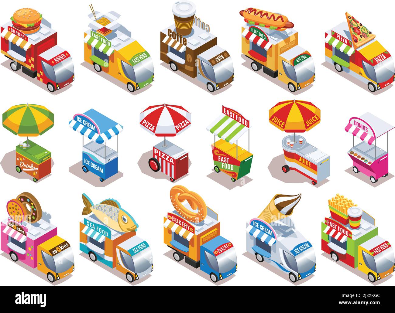 Camion di cibo e carrelli di strada che vendono bevande fast food e. le icone isometriche del gelato impostano l'illustrazione vettoriale isolata Illustrazione Vettoriale