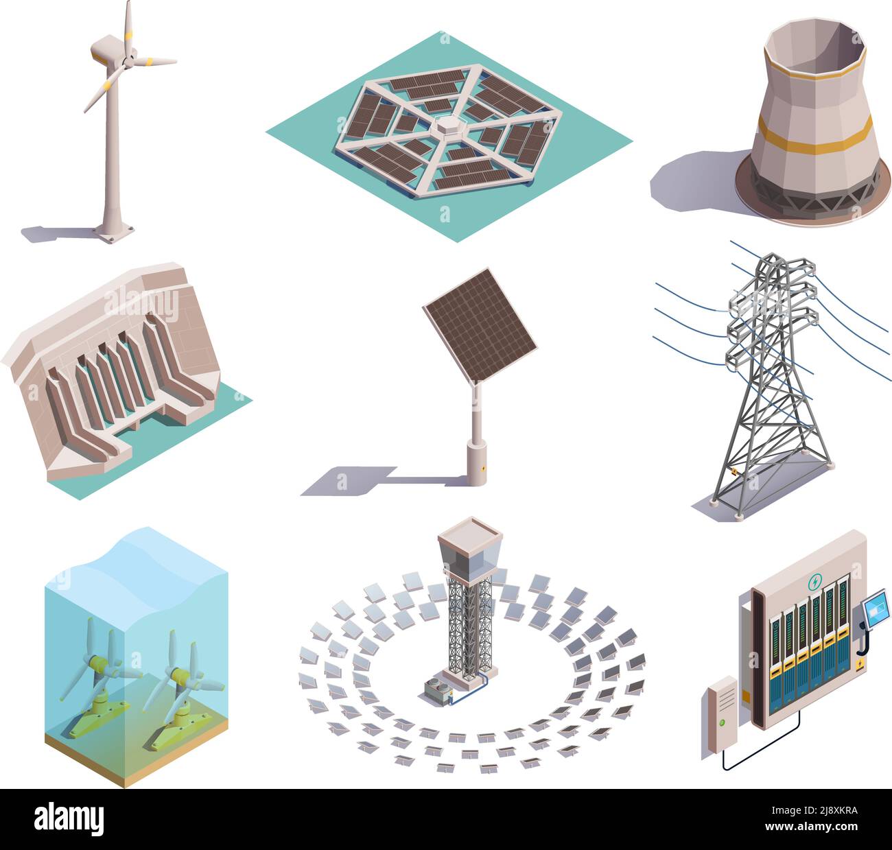 Icone isometriche per la produzione di energia verde impostate con la potenza di marea del vento generatori solare stazione idroelettrica impianto vettore illustrazione Illustrazione Vettoriale