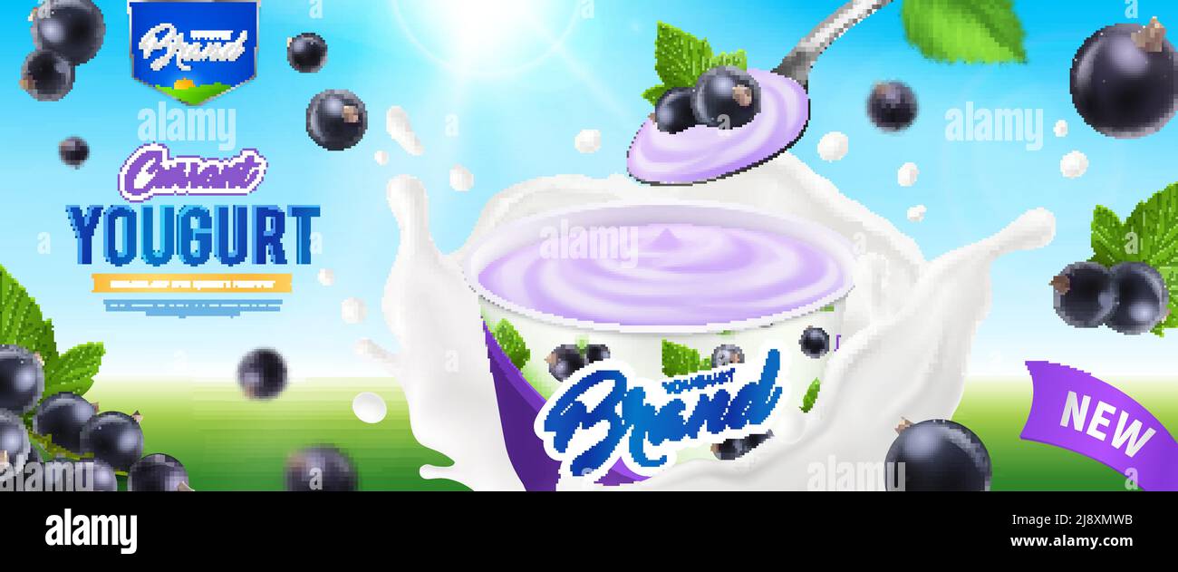 Poster realistico yogurt con curry yogurt natura e alta illustrazione vettoriale della descrizione del prodotto di qualità Illustrazione Vettoriale